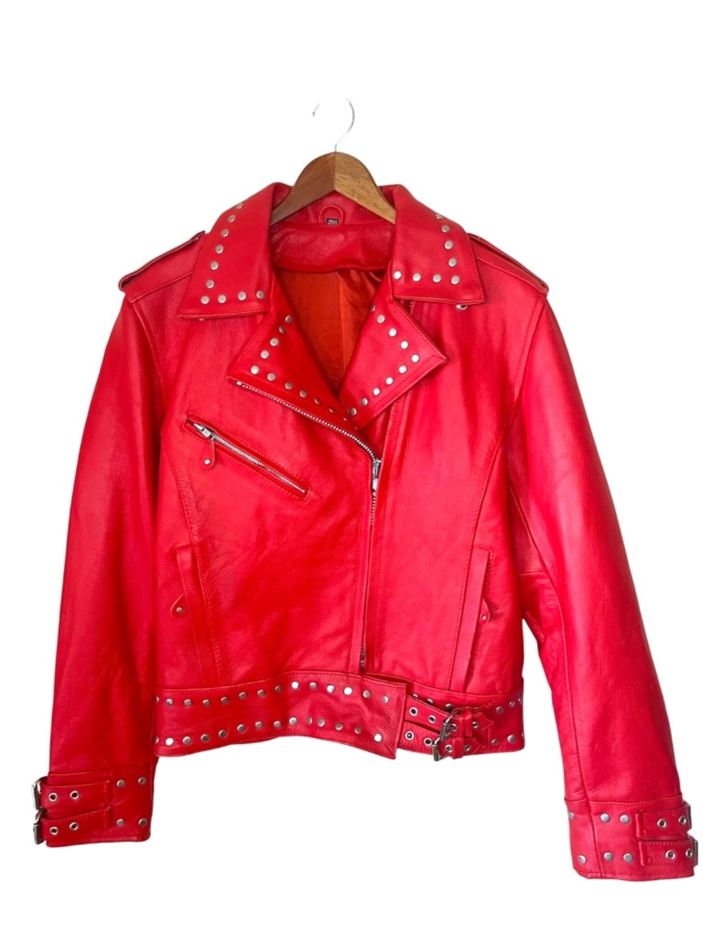 Vintage Women's Red Leather Rock & Roll Punk Studded Zip Up Heavy Biker Jacket